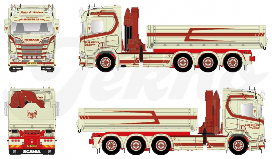 Tekno 81597 - Scania Next Gen R-Serie mit Hakenlift, HMF-Kran & Container - Peter E. Nielsen